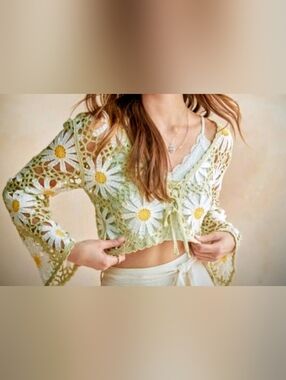 Francesca's Crochet Daisy Tie-Front Crop Top in Light Green, White & Yellow